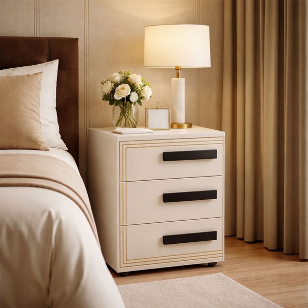 Mesa de Cabeceira Valência 3 Gavetas Creme/Branco - Politorno