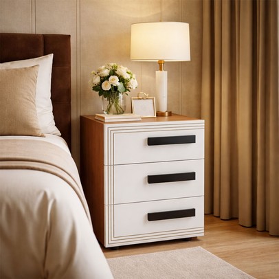 Mesa de Cabeceira Valência 3 Gavetas Branco/Freijó - Politorno