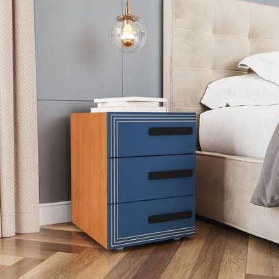 Mesa de Cabeceira Valência 3 Gavetas Azul/Freijó - Politorno
