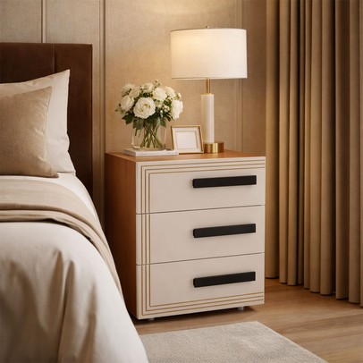 Mesa de Cabeceira Valência 3 Gavetas Creme/Freijó - Politorno
