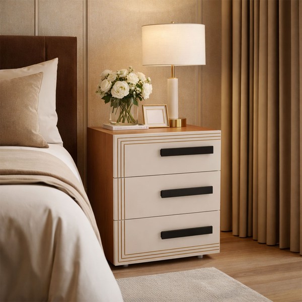 Mesa de Cabeceira Valência 3 Gavetas Creme/Freijó - Politorno