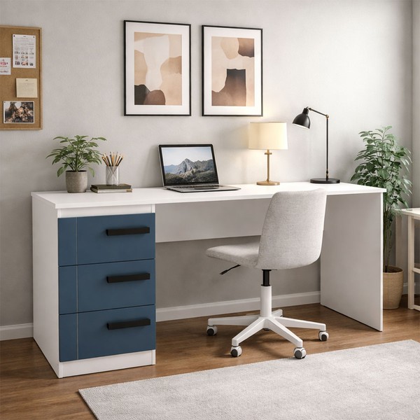 Mesa para Escritório Lisboa 3 Gavetas Azul/Branco - Politorno