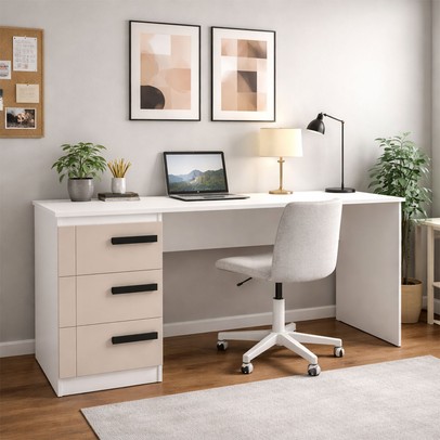Mesa para Escritório Lisboa 3 Gavetas Creme/Branco -  Politorno