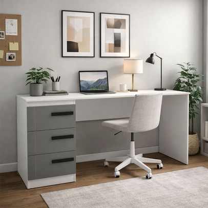 Mesa para Escritório Lisboa 3 Gavetas Cinza/Branco - Politorno