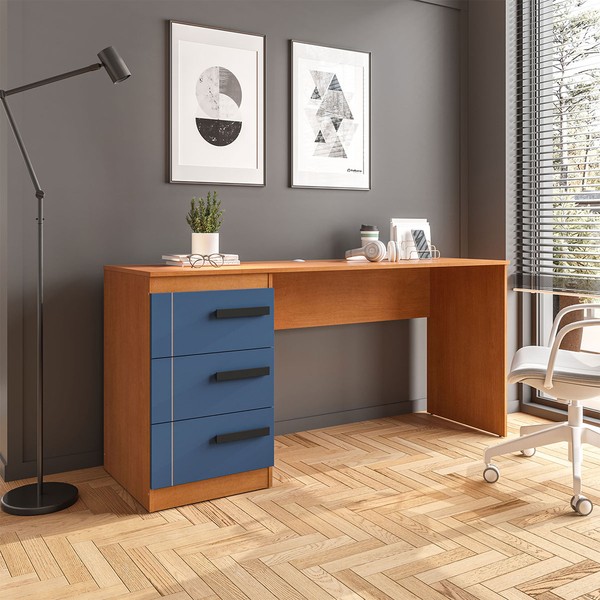 Mesa para Escritório Lisboa 3 Gavetas Azul/Freijó - Politorno
