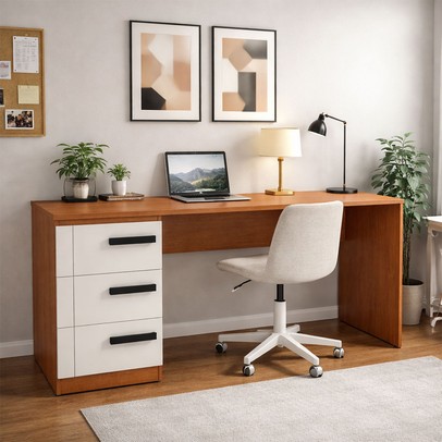 Mesa para Escritório Lisboa 3 Gavetas Creme/Freijó - Politorno