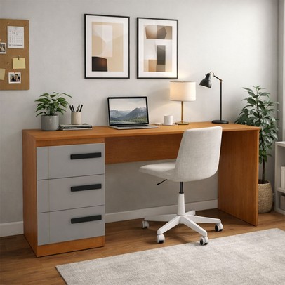 Mesa para Escritório Lisboa 3 Gavetas Cinza/Freijó - Politorno