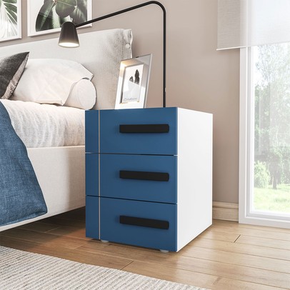 Mesa de Cabeceira Lisboa 3 Gavetas Azul/Branco - Politorno