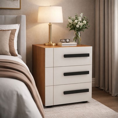 Mesa de Cabeceira Lisboa 3 Gavetas Creme/Freijó - Politorno