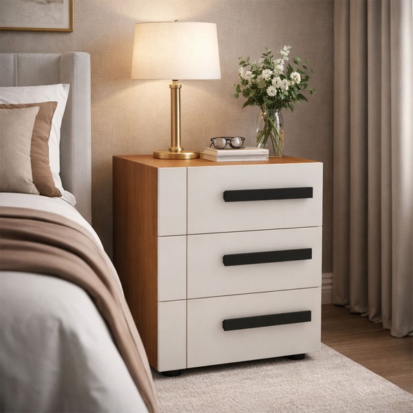 Mesa de Cabeceira Lisboa 3 Gavetas Creme/Freijó - Politorno