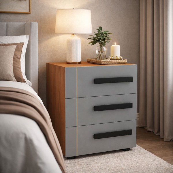 Mesa de Cabeceira Lisboa 3 Gavetas Cinza/Freijó - Politorno