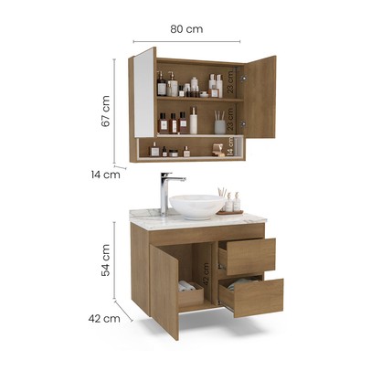 Armário de Banheiro Travertino 80 Cm 3 Portas 2 Gavetas com Espelho Freijó/Creme - Politorno