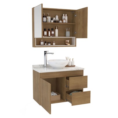 Armário de Banheiro Travertino 80 Cm 3 Portas 2 Gavetas com Espelho Freijó/Creme - Politorno