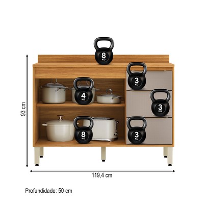 Balcão Cozinha Plena 2 Portas 3 Gavetas para Pia 120cm Cinamon/Nude Prime Tx - Demóbile