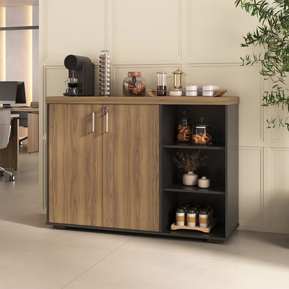 Armário para Escritório Tamburato 2 Portas 4 Prateleiras Nogal/Preto - Artany Móveis