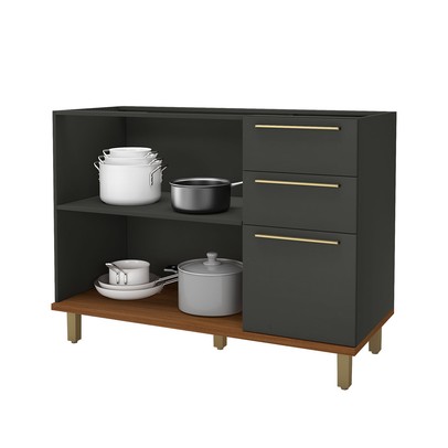 Balcão de Cozinha para Pia 120 Cm 2 Portas 3 Gavetas Freijó/Chumbo - Indékes