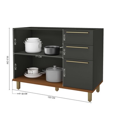Balcão de Cozinha para Pia 120 Cm 2 Portas 3 Gavetas Freijó/Chumbo - Indékes