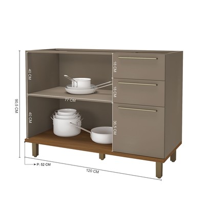 Balcão de Cozinha para Pia 120 Cm 2 Portas 3 Gavetas Freijó/Camurça - Indékes