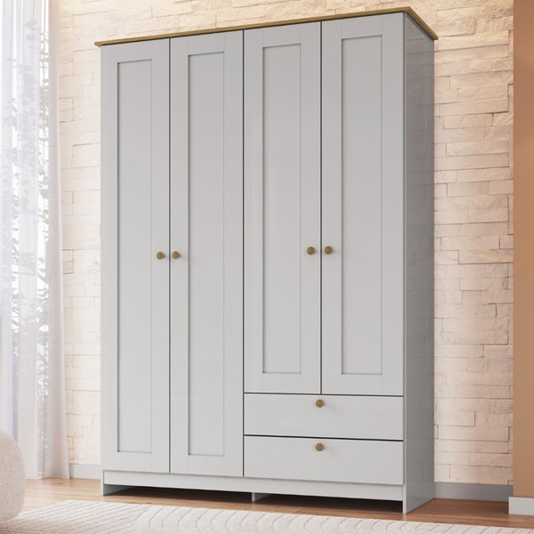 Guarda-Roupa Solteiro Americano 4 Portas 2 Gavetas Branco/Ipê - Decibal