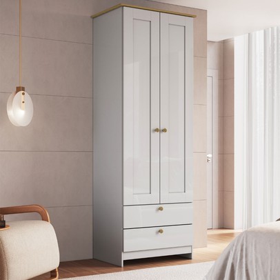 Guarda-Roupa Solteiro Americano 2 Portas 2 Gavetas Branco/Ipê - Decibal