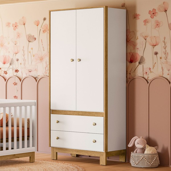 Guarda-Roupa de Bebê Flora 2 Portas 2 Gavetas Branco Acetinado  - Qmovi
