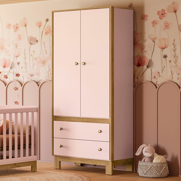 Guarda-Roupa de Bebê Flora 2 Portas 2 Gavetas Rosa Acetinado - Qmovi