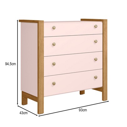 Cômoda de Bebê Flora 4 Gavetas Rosa Acetinado - Qmovi