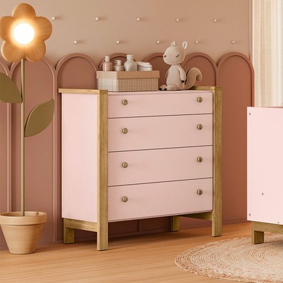 Cômoda de Bebê Flora 4 Gavetas Rosa Acetinado - Qmovi
