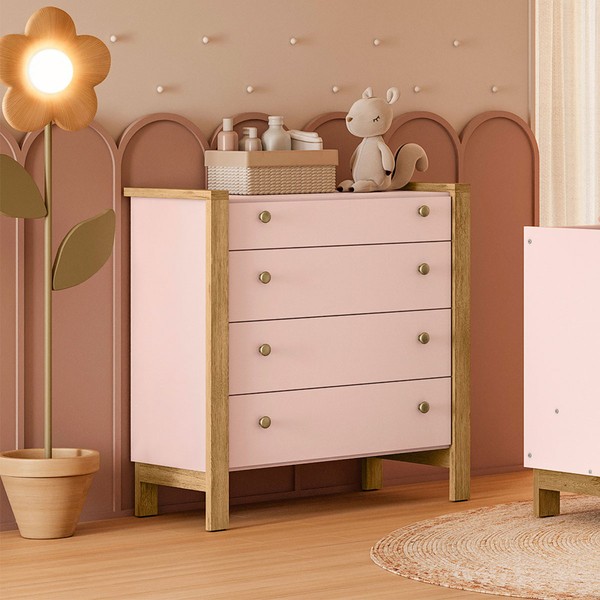 Cômoda de Bebê Flora 4 Gavetas Rosa Acetinado - Qmovi