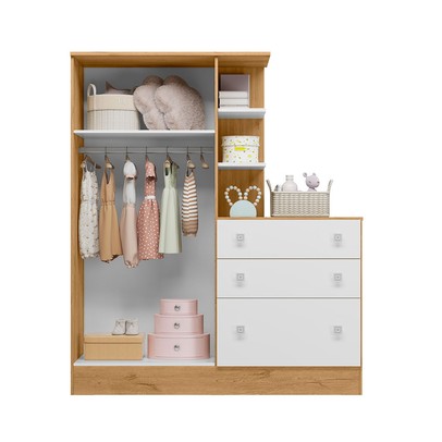 Guarda-Roupa Infantil com Cômoda Doce Sonho 2 Portas 3 Gavetas Freijó/Branco - Qmovi