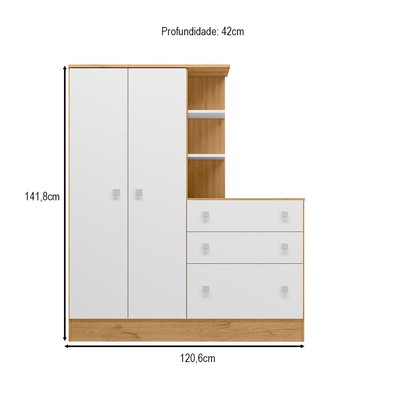 Guarda-Roupa Infantil com Cômoda Doce Sonho 2 Portas 3 Gavetas Freijó/Branco - Qmovi