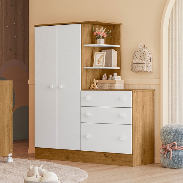 Guarda-Roupa Infantil com Cômoda Doce Sonho 2 Portas 3 Gavetas Freijó/Branco - Qmovi