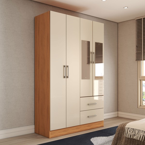 Guarda-Roupa Solteiro Vittorio 4 Portas 2 Gavetas com Espelho Cinamomo/Off White - Panorama Móveis