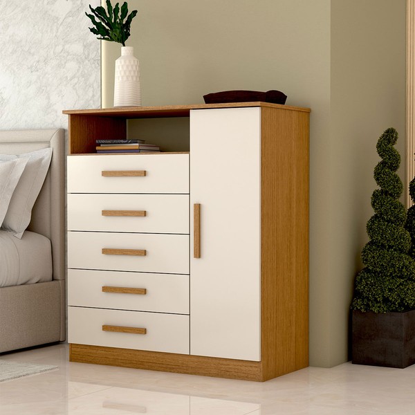 Cômoda Veneto 1 Porta 5 Gavetas 100% Mdf Cinamomo/Off White - Panorama Móveis