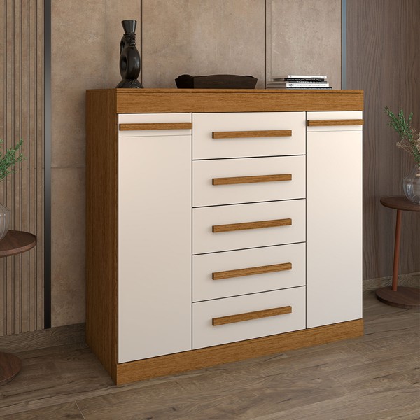 Cômoda Divino 2 Portas 5 Gavetas 100% Mdf Cinamomo/Off White - Panorama Móveis