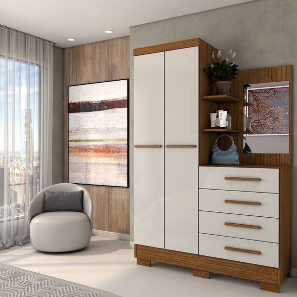 Guarda-Roupa Solteiro Verona 2 Portas 4 Gavetas com Espelho 100% Mdf Cinamomo/Off White - Panorama Móveis