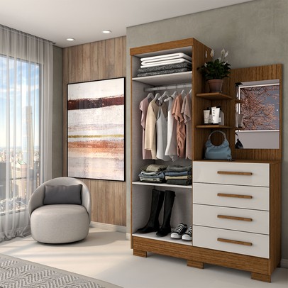 Guarda-Roupa Solteiro Verona 2 Portas 4 Gavetas com Espelho 100% Mdf Cinamomo/Off White - Panorama Móveis