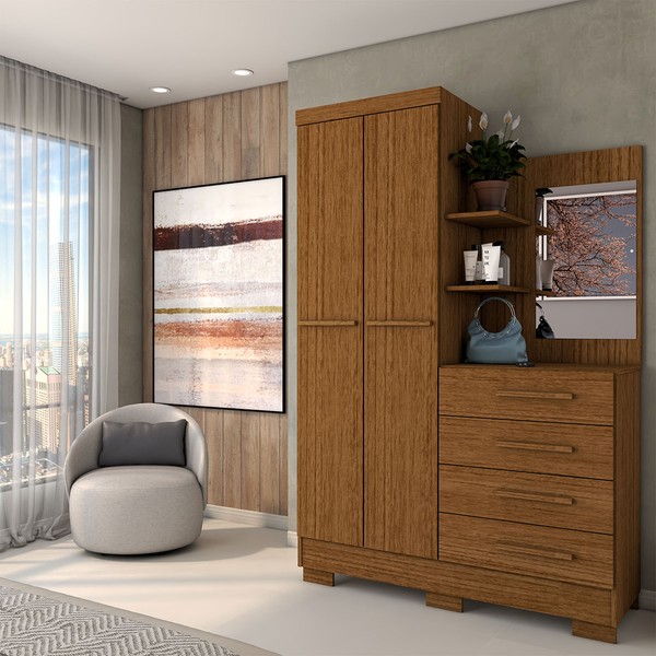 Guarda-Roupa Solteiro Verona 2 Portas 4 Gavetas com Espelho 100% Mdf Cinamomo - Panorama Móveis