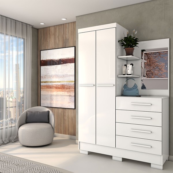 Guarda-Roupa Solteiro Verona 2 Portas 4 Gavetas com Espelho 100% Mdf Flex Branco - Panorama Móveis