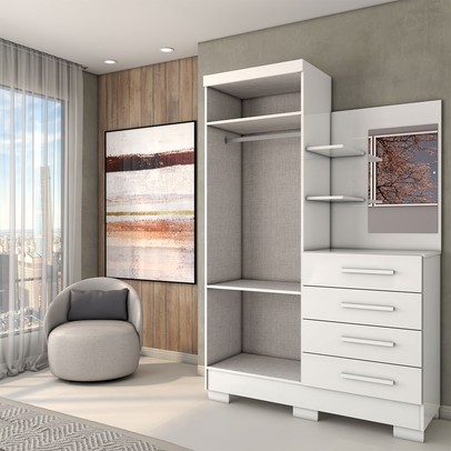 Guarda-Roupa Solteiro Verona 2 Portas 4 Gavetas com Espelho 100% Mdf Flex Branco - Panorama Móveis