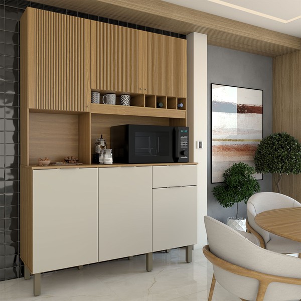 Cozinha Compacta Luce 6 Portas 1 Gaveta 100% Mdf Amêndoa/Off White - Panorama Móveis