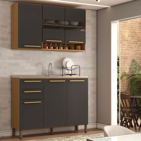 Cozinha Compacta Notte 6 Portas 2 Gavetas 100% Mdf com Vidro Amêndoa/Chumbo - Panorama Móveis