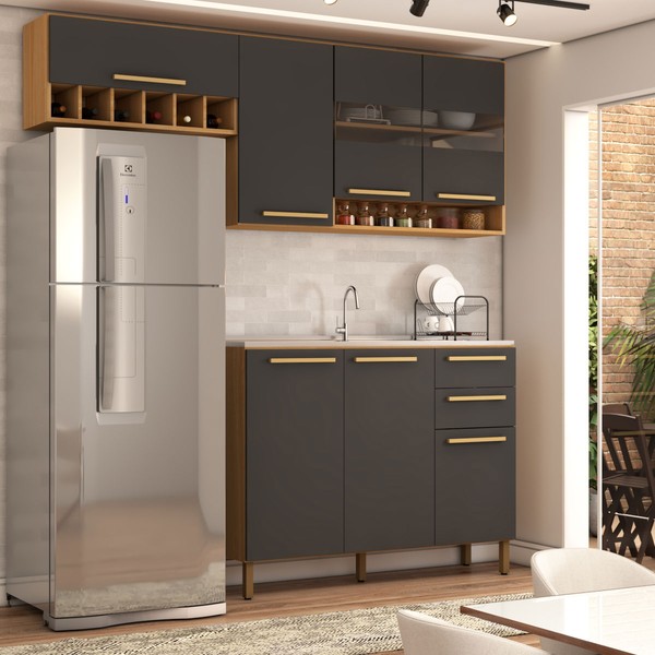 Cozinha Compacta Nottes 7 Portas 2 Gavetas 100% Mdf com Vidro Amêndoa/Chumbo - Panorama Móveis