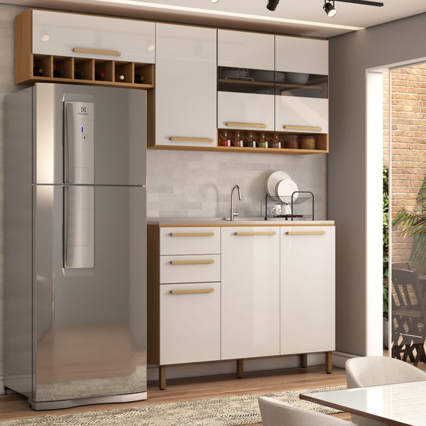 Cozinha Compacta Nottes 7 Portas 2 Gavetas 100% Mdf com Vidro Amêndoa/Off White - Panorama Móveis