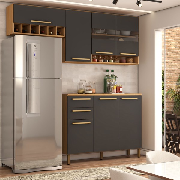 Cozinha Compacta Notte 7 Portas 2 Gavetas 100% Mdf com Vidro Amêndoa/Chumbo - Panorama Móveis