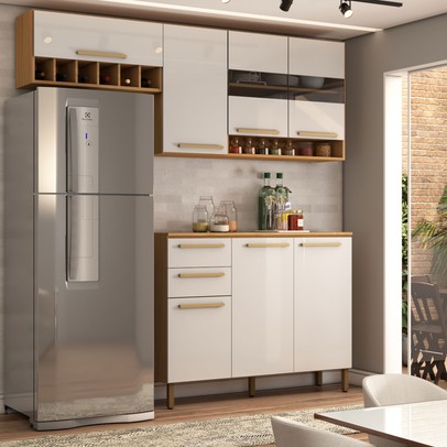 Cozinha Compacta Notte 7 Portas 2 Gavetas 100% Mdf com Vidro Amêndoa/Off White - Panorama Móveis