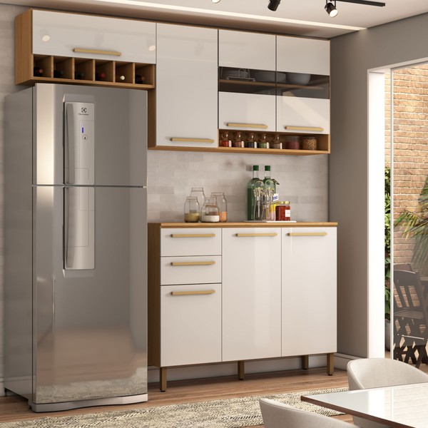 Cozinha Compacta Notte 7 Portas 2 Gavetas 100% Mdf com Vidro Amêndoa/Off White - Panorama Móveis