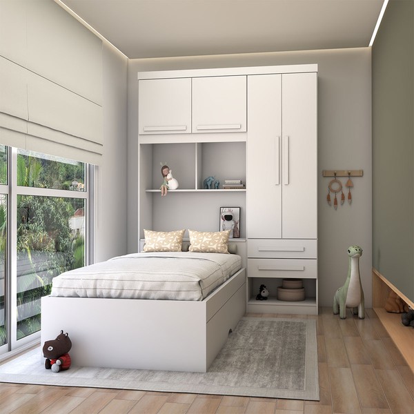 Guarda-Roupa Solteiro com Cama Milênio 4 Portas 2 Gavetas 100% Mdf Flex Branco - Panorama Móveis