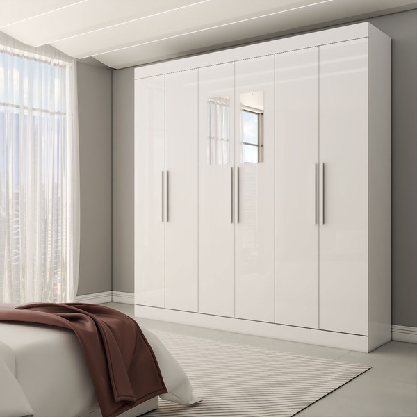 Guarda-Roupa Casal Splendore 6 Portas 2 Gavetas com Espelho 100% Mdf Branco - Panorama Móveis