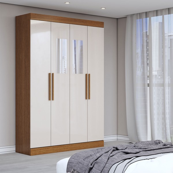 Guarda-Roupa Solteiro Splendore 4 Portas 2 Gavetas com Espelho 100% Mdf Cinamomo/Off White - Panorama Móveis